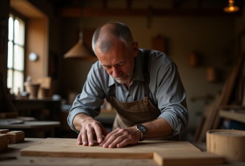 Skilled artisan carefully working on a piece of wood in the Bois d'Or Créations workshop