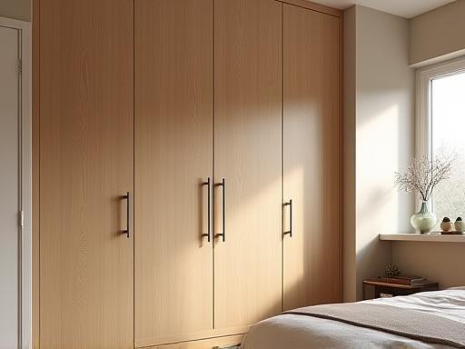 Detailed view of bespoke bedroom joinery, including built-in wardrobe