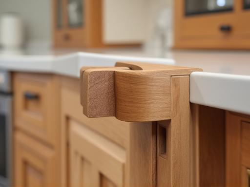 Close-up of intricate wooden details in a custom kitchen fitting